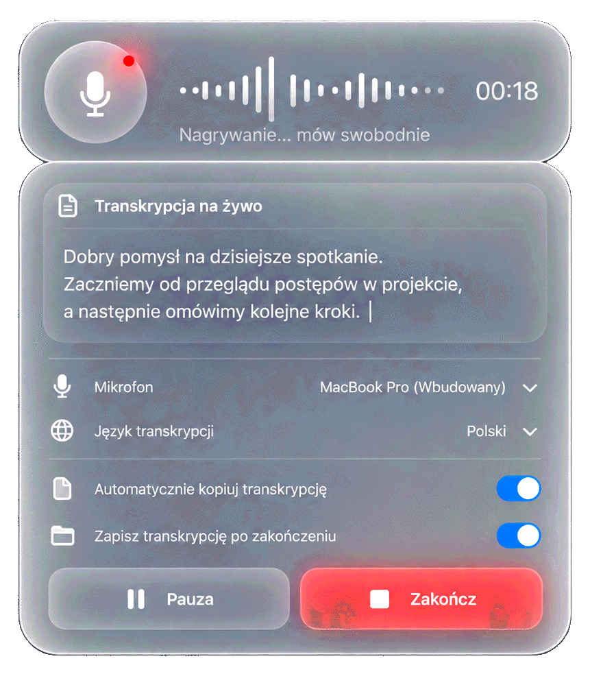 Widget Captylo podczas dyktowania: fala dźwięku, licznik 00:18 i tekst pojawiający się na żywo